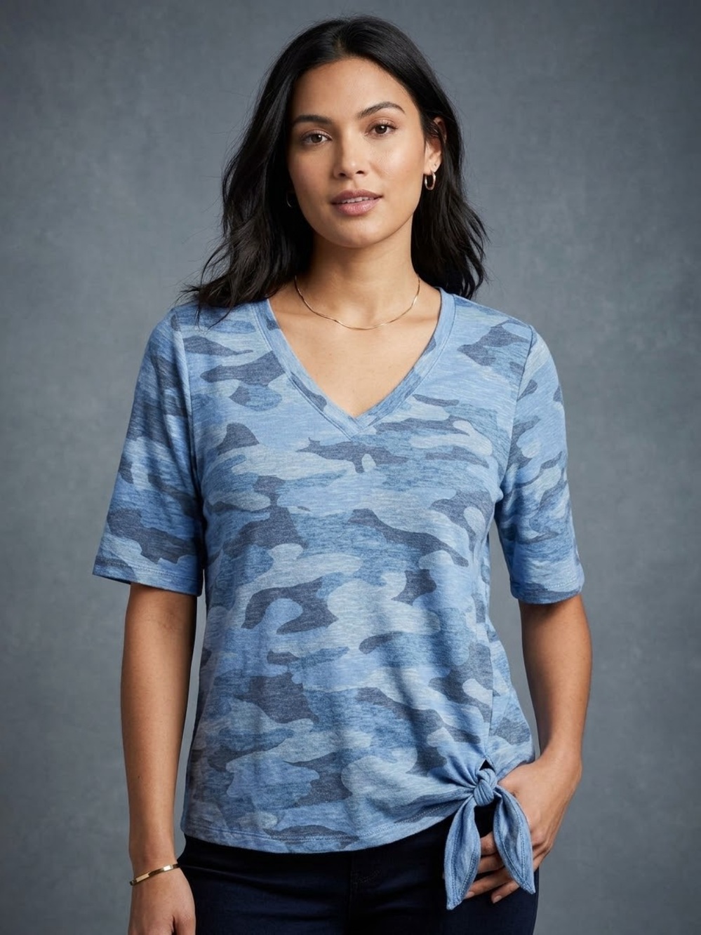 Democracy Blue Camo V-Neck Side Tie Hem Top M